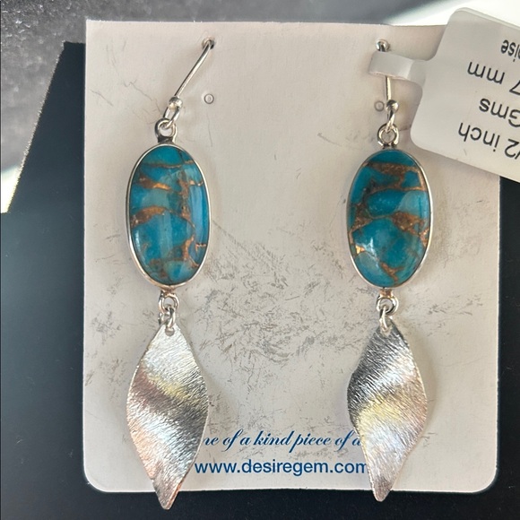 Copper blew turquoise And sterling silver drop earrings 🆕 - Picture 3 of 5